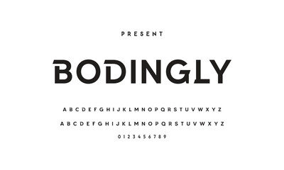 Modern serif alphabet design with uppercase, lowercase, numbers and symbol