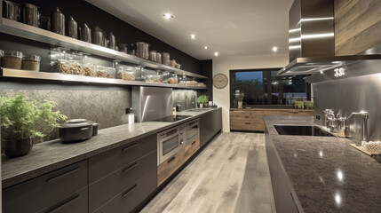 Fototapeta premium Modern Luxury Kitchen Design Granite Countertops Stainless Steel Appliances Home Room Dark Gray Wood