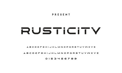 Modern serif alphabet design with uppercase, lowercase, numbers and symbol