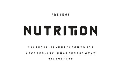 Modern serif alphabet design with uppercase, lowercase, numbers and symbol