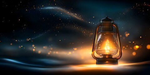 A vintage lantern emitting a warm glow amidst a backdrop of swirling light and particles, creating a mystical atmosphere. Concept Vintage Lantern, Warm Glow, Mystical Atmosphere, Swirling Light