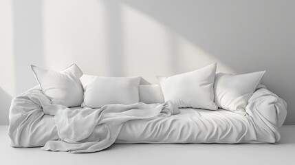 Obraz premium Single white sofa with pillows and blanket against blank wall with copy space. Minimalist home interior design of modern living room.