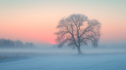 Serene Winter Sunrise Landscape Lonely Tree Foggy Field Peaceful Nature Scenery Cold Season Pastel  
