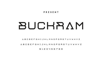Modern serif alphabet design with uppercase, lowercase, numbers and symbol