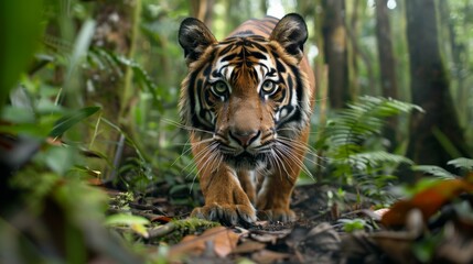 Obraz premium World Wildlife Day. Intense close-up of a Bengal tiger walking through a dense rainforest with lush green vegetation in the foreground.