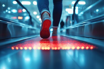 Fototapeta premium Footsteps on a moving walkway in a busy urban transport terminal with vibrant light reflections at night