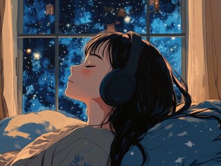 Girl listening to music by window with starry night sky in background anime style art