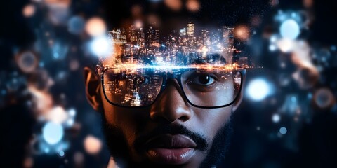 A man's face with glasses reflecting a vibrant city skyline, blending the real and imaginative elements of urban life. Concept Urban Reflection, Creative Photography, Cityscape Imagery