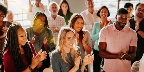 Diverse group of people applaud in social meeting, smiling and clapping. Diverse group of smiling...