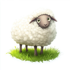 Fluffy cartoon sheep standing on green grass, cheerful and playful
