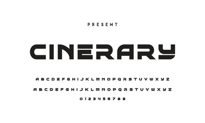 Modern serif alphabet design with uppercase, lowercase, numbers and symbol