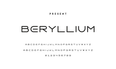 Modern serif alphabet design with uppercase, lowercase, numbers and symbol