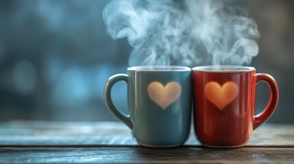 Two steaming mugs with heart shapes spreading love and warmth