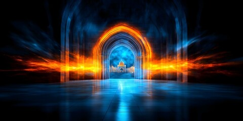 A dramatic scene featuring glowing arches and a mystical blue and orange landscape, suggesting a magical portal or realm. Concept Dramatic Landscape, Glowing Arches, Mystical Realm
