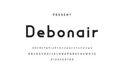 Modern serif alphabet design with uppercase, lowercase, numbers and symbol