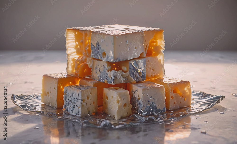 Poster A stack of cheese blocks on a plate. The cheese is cut into small pieces and he is melting. The image has a playful and whimsical mood, as if the cheese is about to fall off the plate