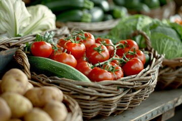 Veggie Month. A basket filled with vibrant red tomatoes, zucchini, and fresh vegetables displayed at a farmers market.