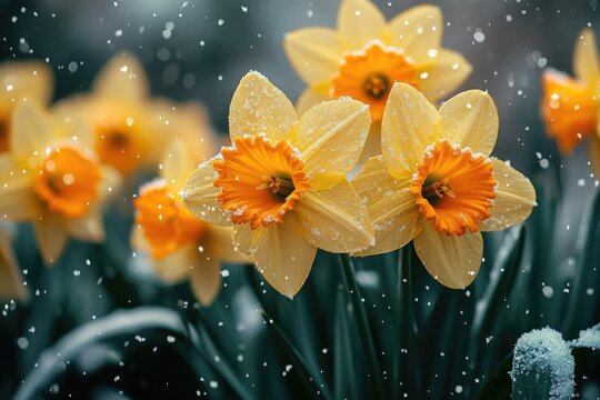 Yellow daffodils blooming in unexpected snowfall: a touch of spring in winter
