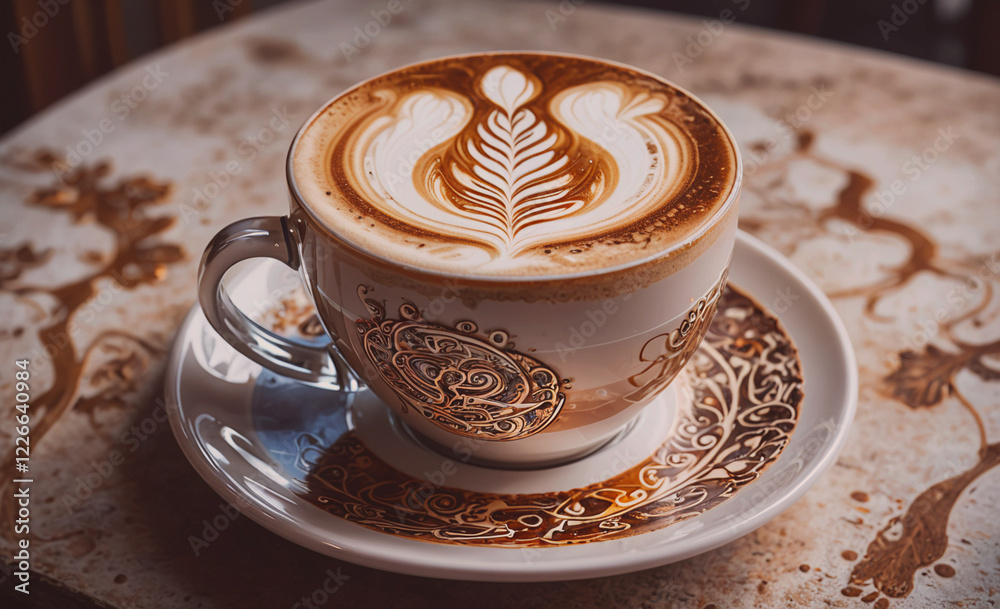 Poster a cup of coffee with a leaf design on the side sits on a white plate. the cup is filled with a layer