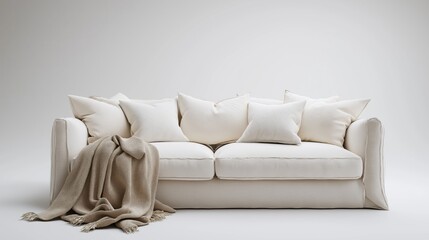 Single white sofa with pillows and blanket against blank wall with copy space. Minimalist home interior design of modern living room.