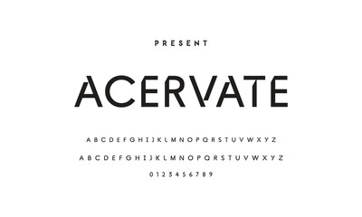 Modern serif alphabet design with uppercase, lowercase, numbers and symbol
