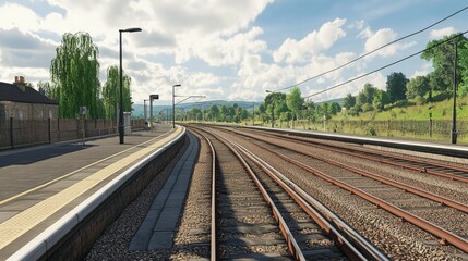 Fototapeta premium Detailed shot of a railway platform with tracks in view, showing the interaction between the platform and the rails, and the surrounding environment.