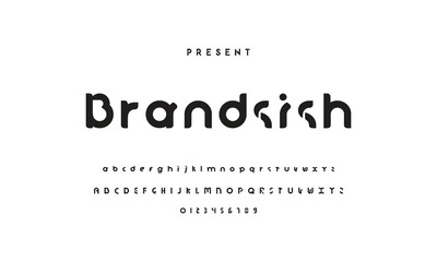 Modern serif alphabet design with uppercase, lowercase, numbers and symbol