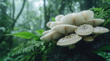 Rainforest mushrooms cluster, moss, damp forest