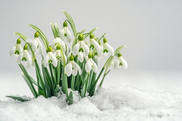 Cluster of snowdrops emerging through melting snow in early spring