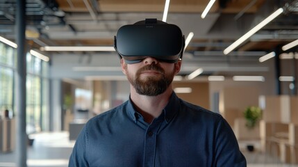 Man Using Virtual Reality Headset in Modern Office