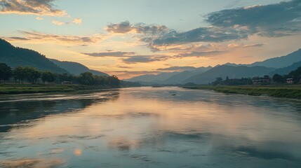 Fototapeta premium Serene sunset over river valley, tranquil landscape, idyllic scene, perfect for travel brochures
