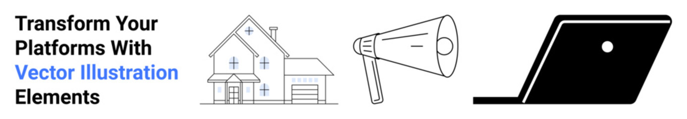 House icon, megaphone, and laptop emphasize communication, technology, modern homes. Ideal for marketing, advertising, remote work, technology trends digital tools community networking abstract