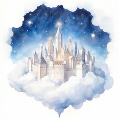 Obraz premium Enchanting Floating Watercolor Cityscape of Ethereal Castles Suspended in the Starry Night Sky A magical