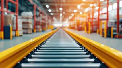 Obraz premium Supply Chain Optimization Logistics Operations concept. Automated Futuristic Warehouse with Glowing Robotic Machinery and Conveyor Belt System