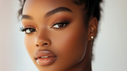 Fototapeta premium Detailed shot of a woman with perfect makeup application, including defined brows, radiant foundation, and glossy lips, emphasizing her polished beauty.