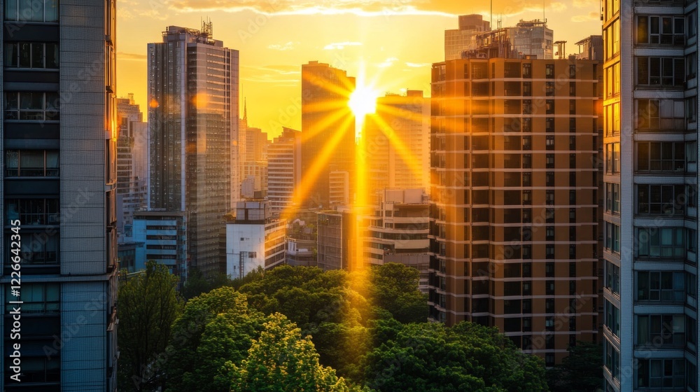 Aufkleber Detailed shot of the sun setting behind a cluster of high-rise buildings, with the suns rays spilling between the structures and creating a beautiful cityscape.