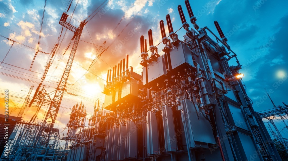 Poster Detailed shot of high-voltage power lines and electrical equipment at a power plant, emphasizing the complexity and precision of the infrastructure.