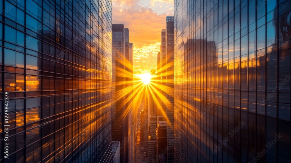 Poster Detailed shot of the sun setting behind a cluster of high-rise buildings, with the suns rays spilling between the structures and creating a beautiful cityscape.