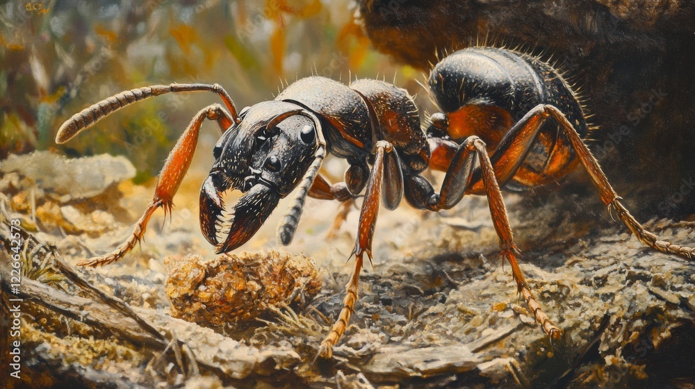 Poster detailed view of an ant carrying food back to its nest, emphasizing its strong mandibles and the tex