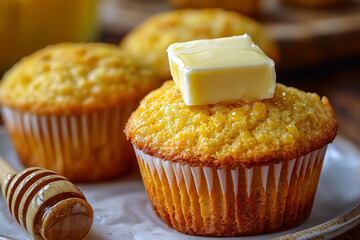 Freshly baked corn muffins topped with butter, served on a rustic wooden table with honey in the background