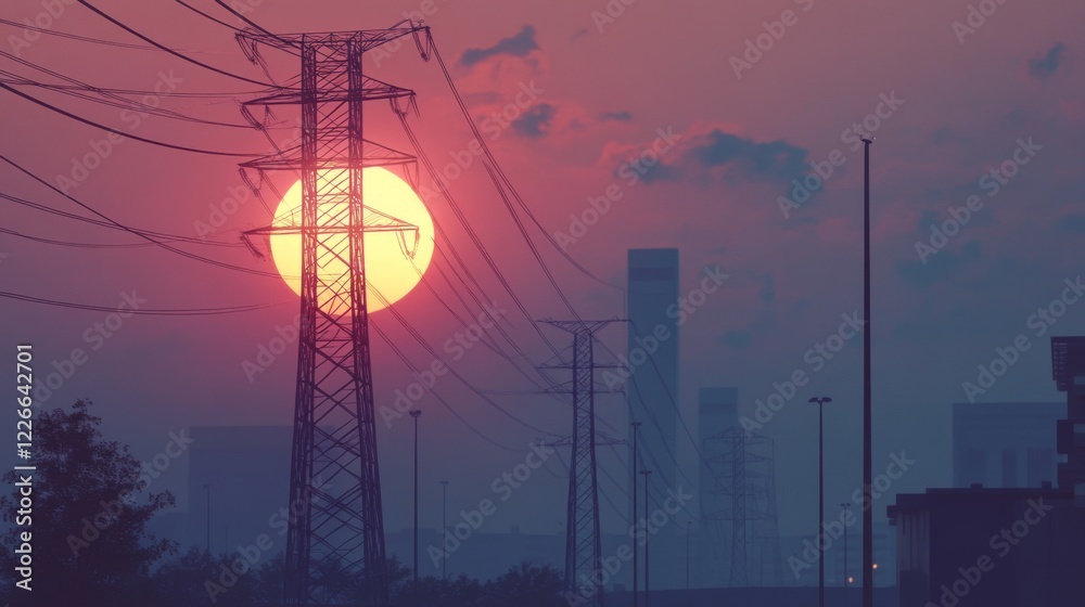 Poster detailed view of an electricity transmission tower at dusk, with power lines illuminated by the sett