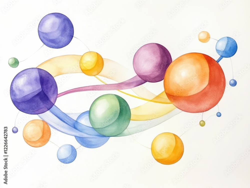 Poster captivating watercolor abstract design featuring a dreamlike composition of floating cubes and spher