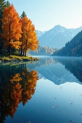 Reflections on lake's surface mirrored by trees, calm, water, serene