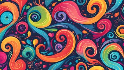 Vibrant abstract swirls and floral elements in a colorful, dynamic pattern on a dark background.