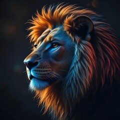 Naklejka premium Majestic Lion Portrait: Vibrant Hues and Dramatic Lighting