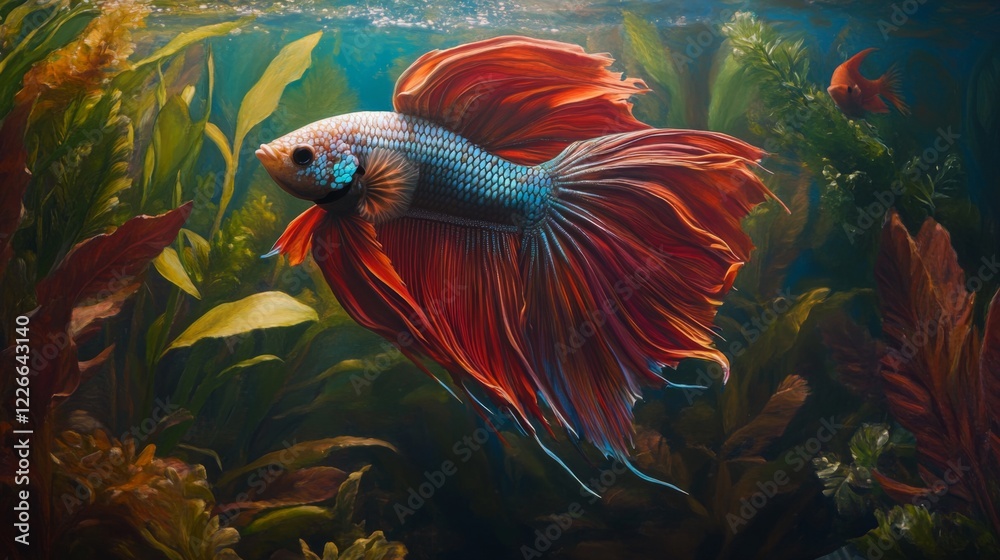 Poster Detailed view of a majestic Betta fish with a full display of its colorful fins and dynamic posture, set against a lush underwater plant backdrop.