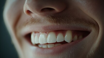Obraz premium Detailed view of a man smiling with his teeth slightly showing, focusing on the pristine whiteness and smoothness of his teeth.