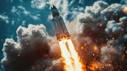 Rocket launches into the sky with vibrant flames and billowing clouds during a clear day