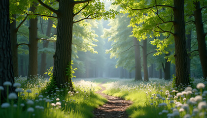 Obraz premium Mystical Forest Path Illuminated by Soft Sunlight [with White Flower Border]