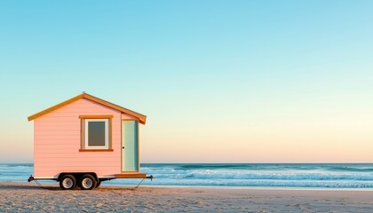 Unique small house design. A charming pink beach house on wheels beside a tranquil ocean under a pastel sky.
